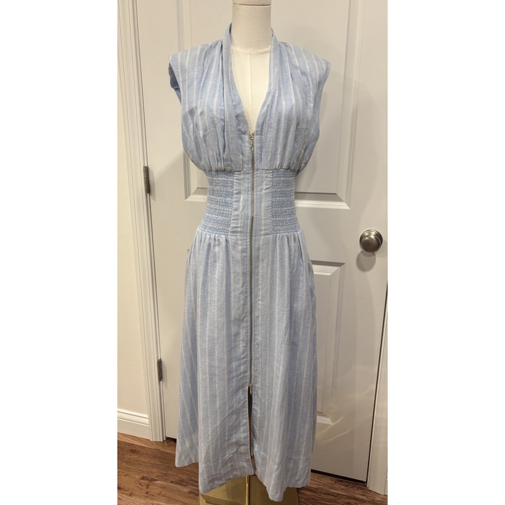 Anthropologie Tommie Cap Sleeve Smocked Front-Zip Shirt Dress Linen Blue White M - Picture 4 of 10